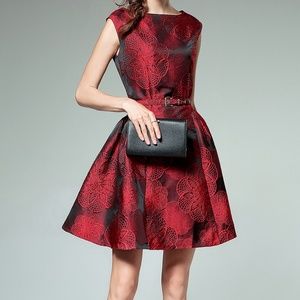 Red Floral Lace Overlay A-Line Dress